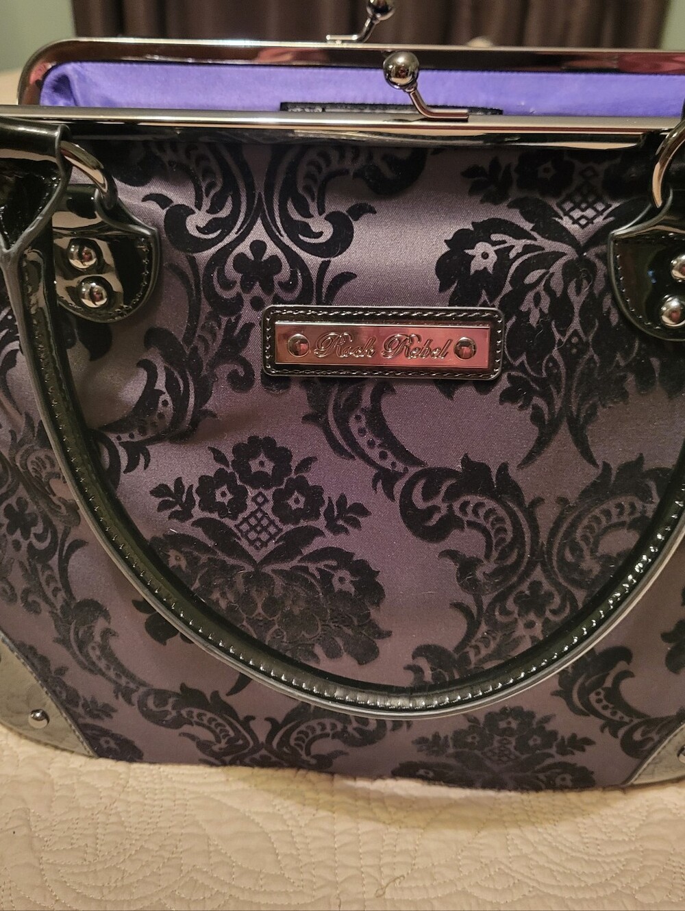 Black Damask Satchel with Black Trim - Rock Rebel
